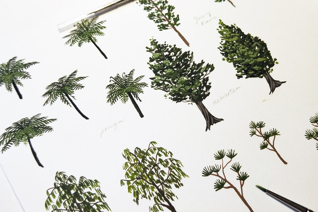 Forest Drawn, Gouache painting of native trees
